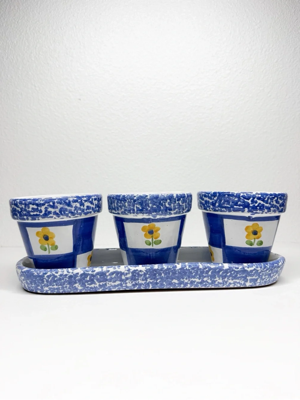 Vintage Himark Portugal Pottery Window Flower Pots Blue Checkered Sponge Painted